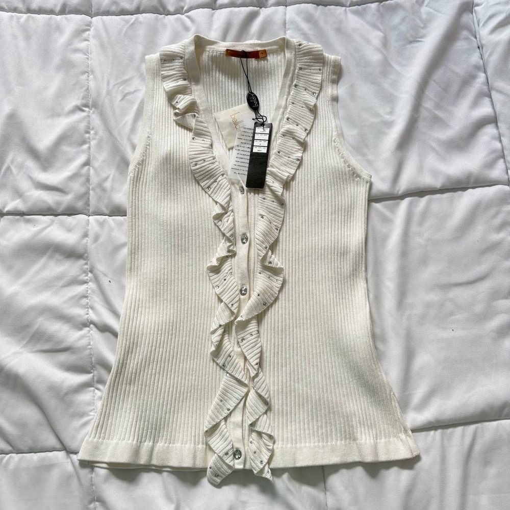 NWT Belldini White Ruffle Rhinestone Sleeveless Cardigan Top medium Quiet Luxury